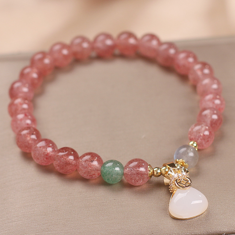 White Jade Lotus Strawberry Crystal Bracelet