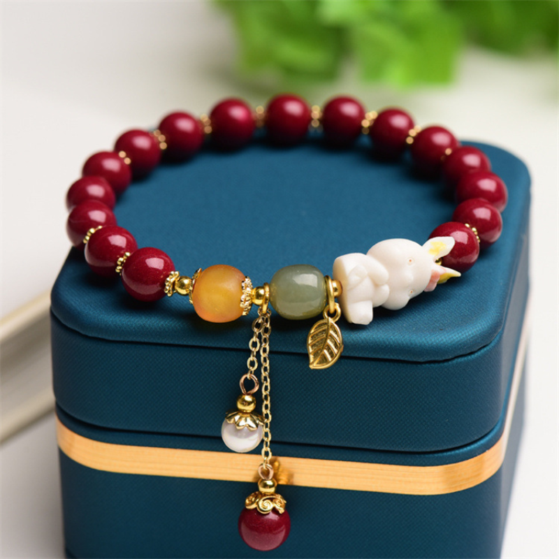 Rabbit • Natural cinnabar Emerald Jade stone bracelet