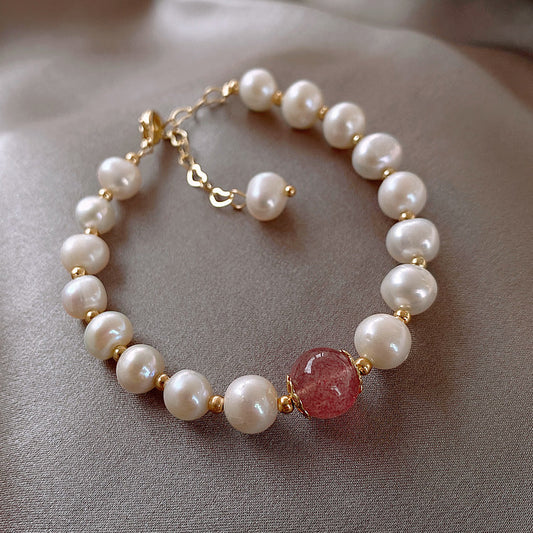 Attract lovers baroque freshwater pearl strawberry quartz bracelet