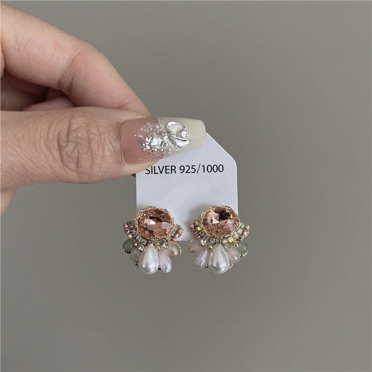 Ethnic exotic color contrast crystal zircon pearl earrings