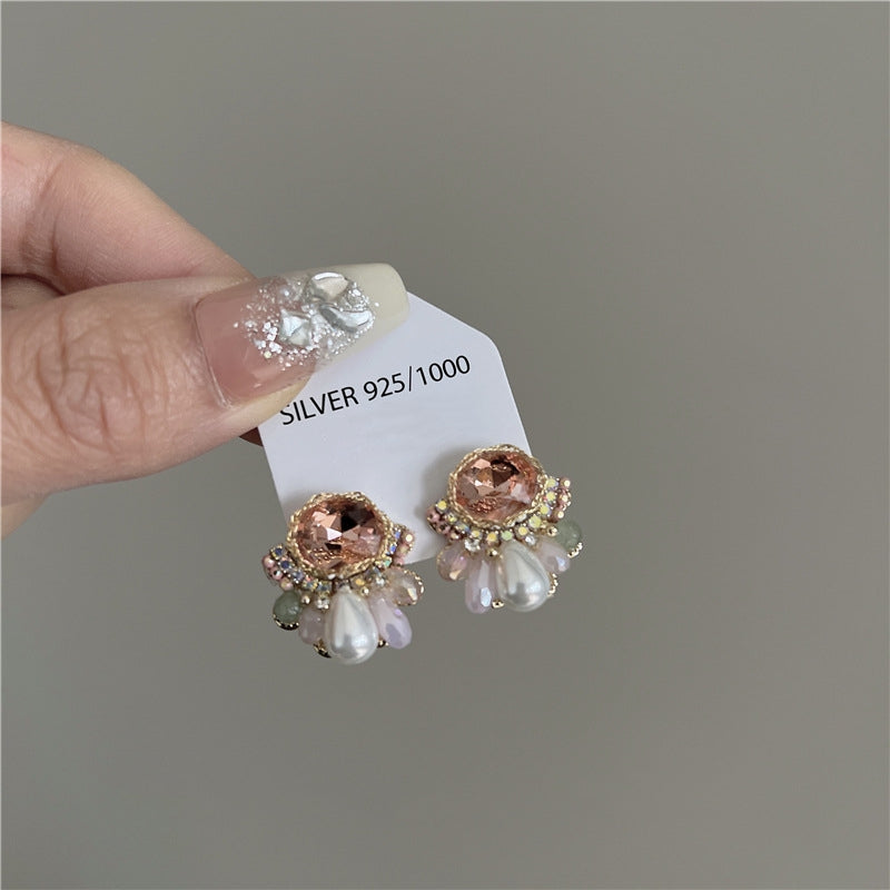 Ethnic exotic color contrast crystal zircon pearl earrings