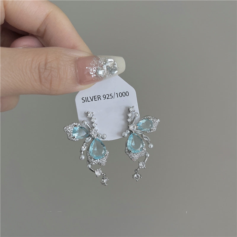 Fresh sweet blue diamond butterfly stud earrings