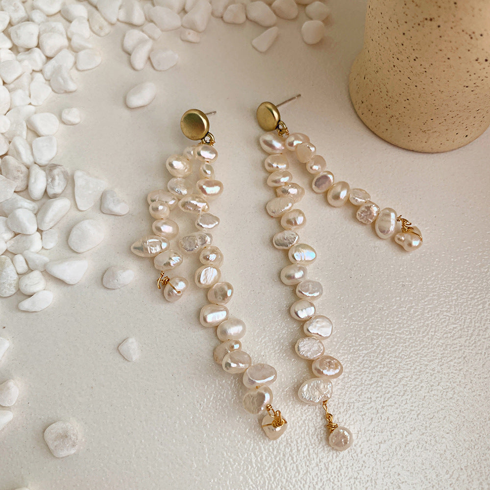Fresh water pearl tassel long asymmetrical stud earrings
