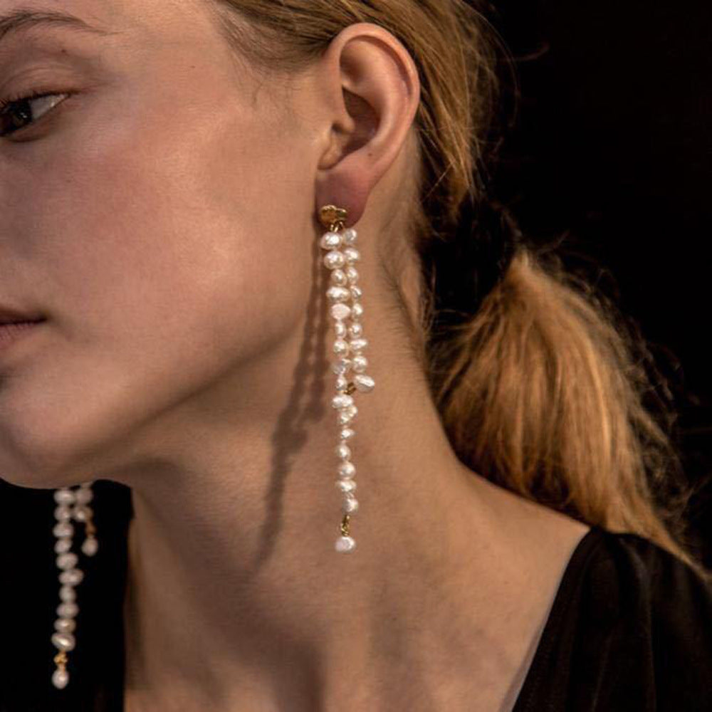 Fresh water pearl tassel long asymmetrical stud earrings