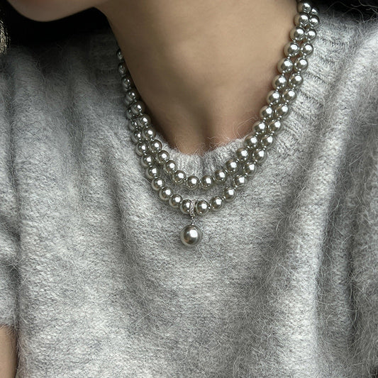 Gray long sweater chain pearl necklace