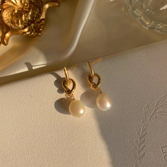 Knot natural Baroque pearl 14k gold-plated earrings