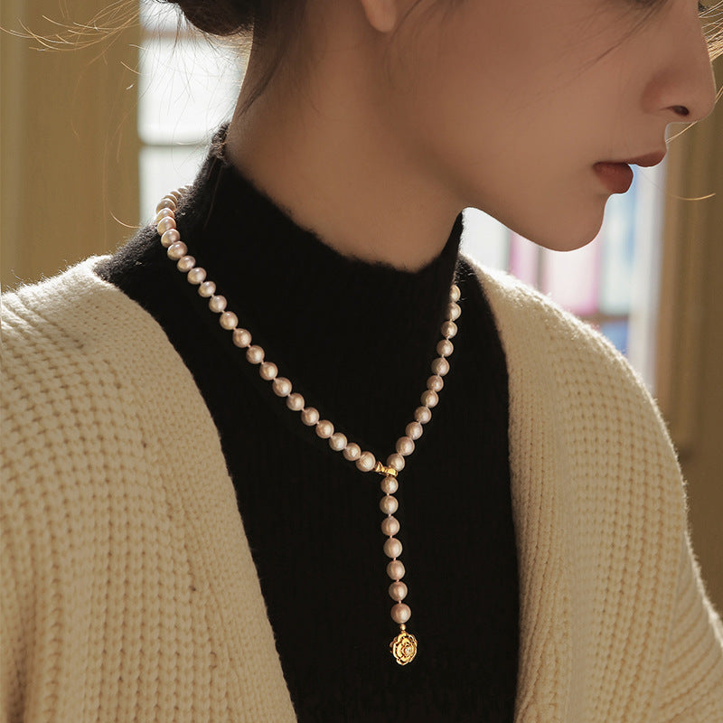 Mother Beads Pearl Sweater Chain Flower Necklace
