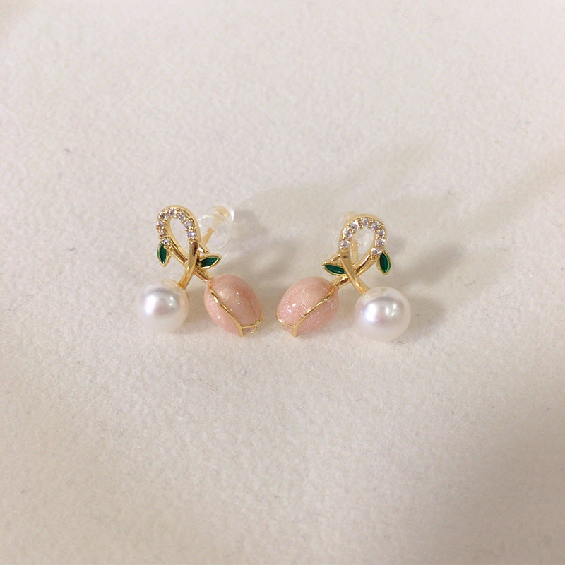 Natural fresh water pearl 18K gold wrapped pink tulip earrings