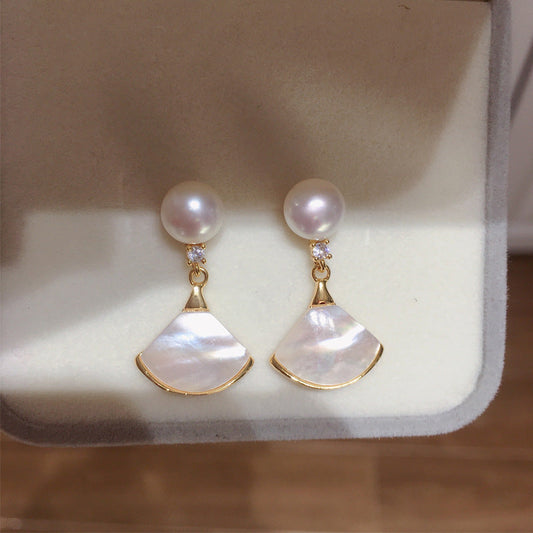 Natural shell dance skirt freshwater pearl stud earrings