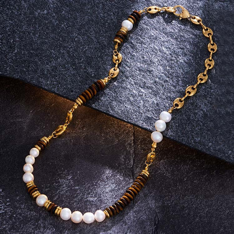 Natural yellow tiger eye stone freshwater pearl necklace