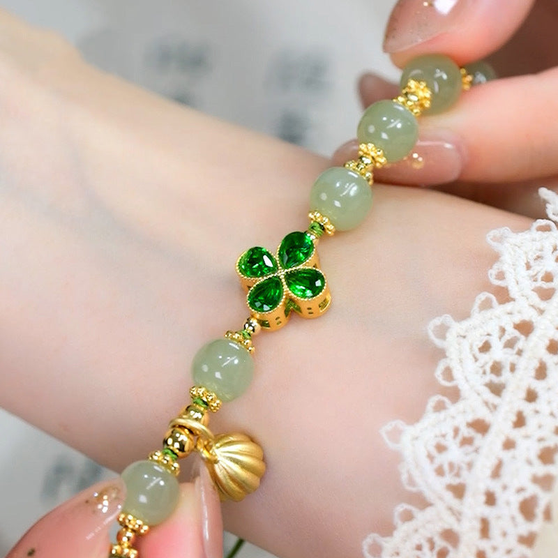 Lucky Covenant • Four Leaf Clover Emerald Jade stone Bracelet