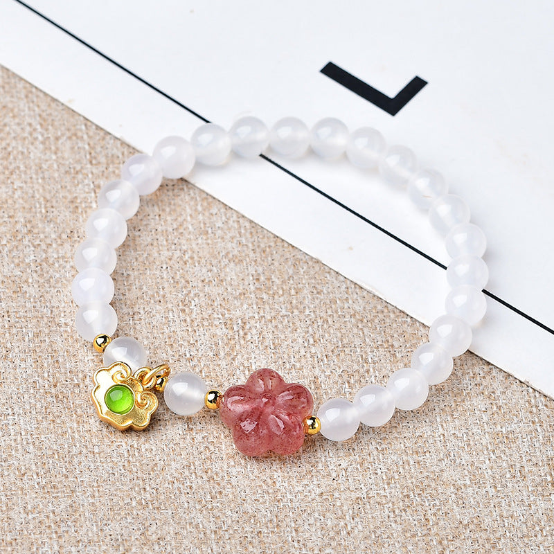 Plum flower • White chalcedony strawberry crystal bracelet