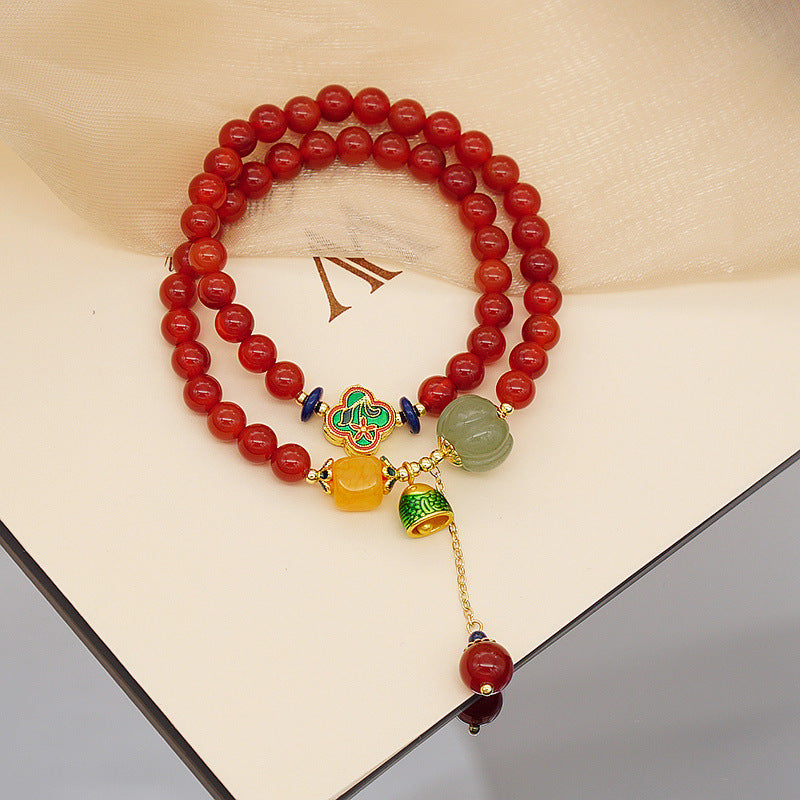 Pumpkin • Red Agate Emerald jade stone double circle bracelet