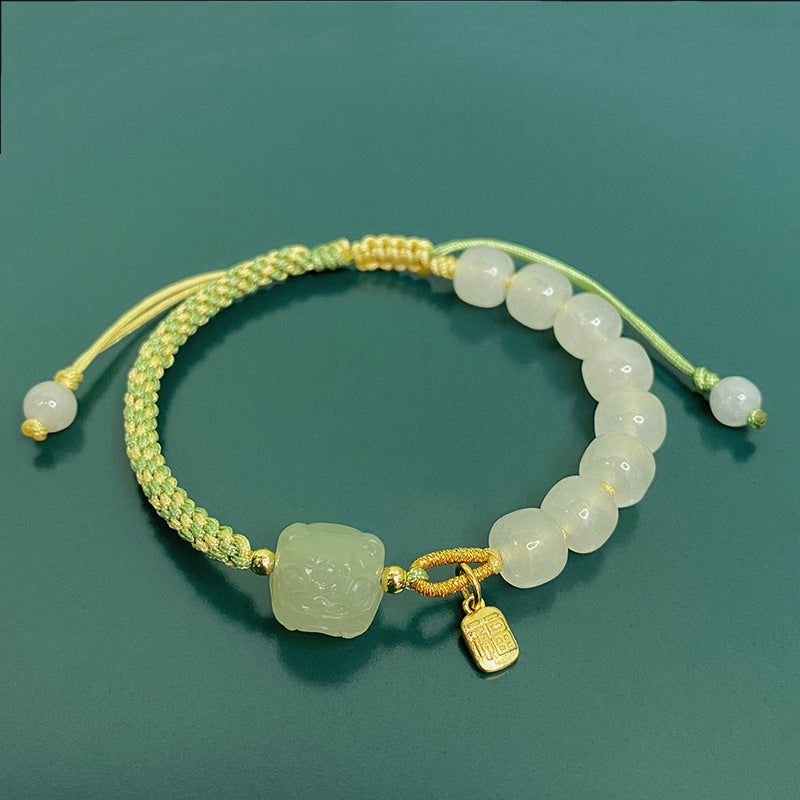 Emerald Jade stone & half braided rope bracelet