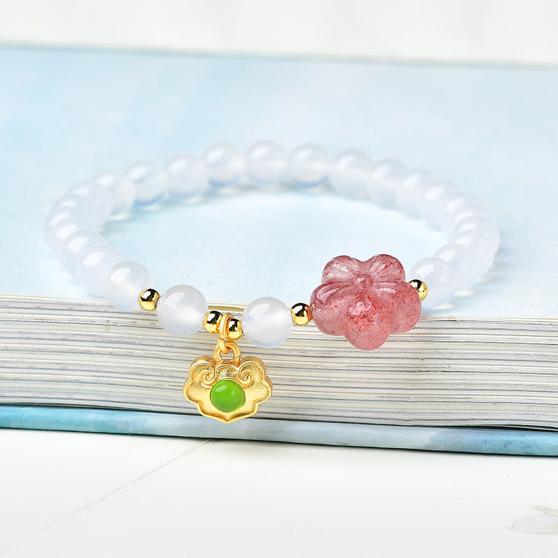 Plum flower • White chalcedony strawberry crystal bracelet