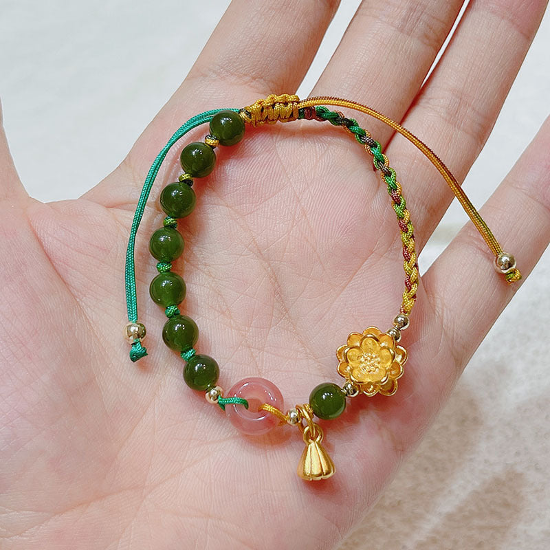 Lotus flower • Braided rope Emerald Jade stone Bracelet
