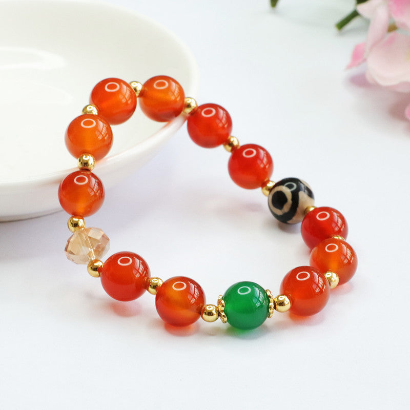 Three-Eyed Dzi & Natural Red Agate Bracelet