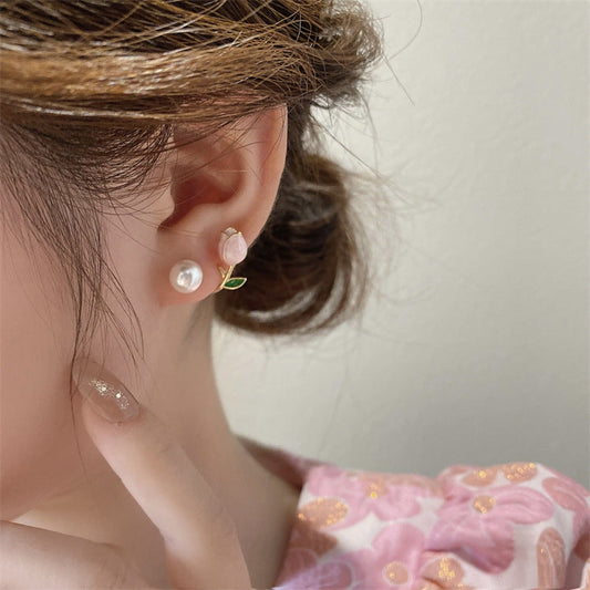 Tulip sweet flower faux pearl earrings