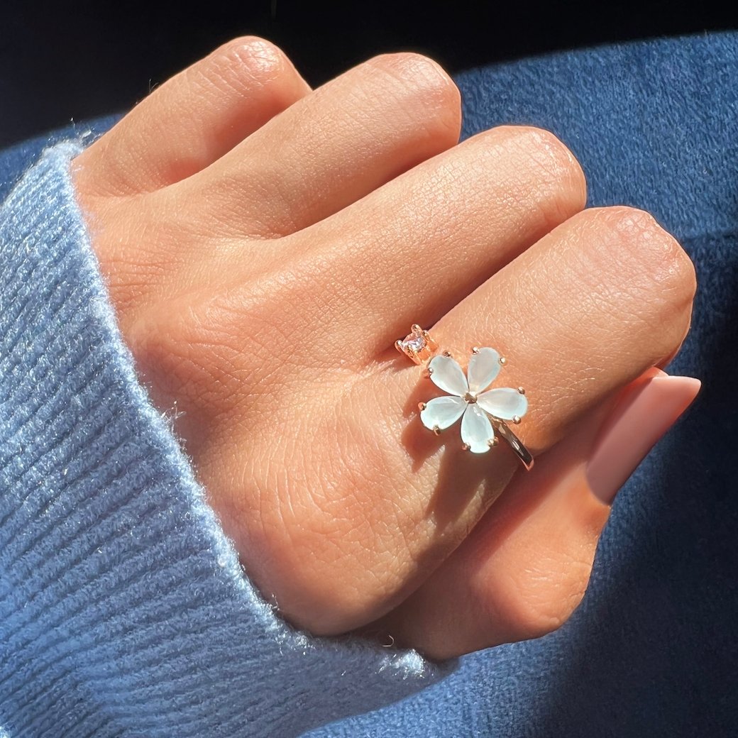 Blue Crystal Dahlia Flower Ring