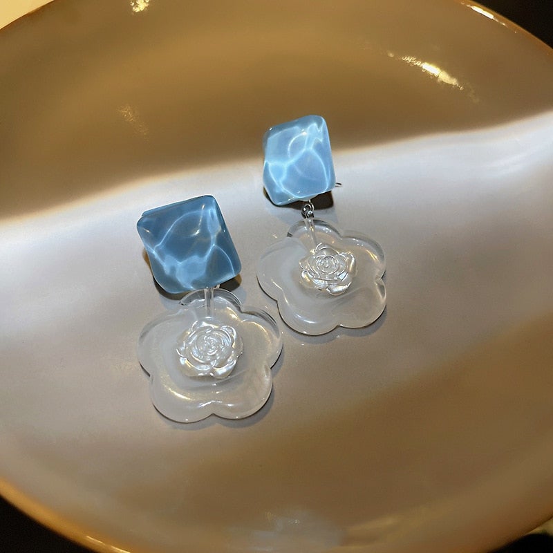 Blue Rippled Rose Earrings