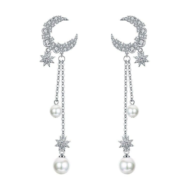 Crescent Moon & Pearl Drop Earrings
