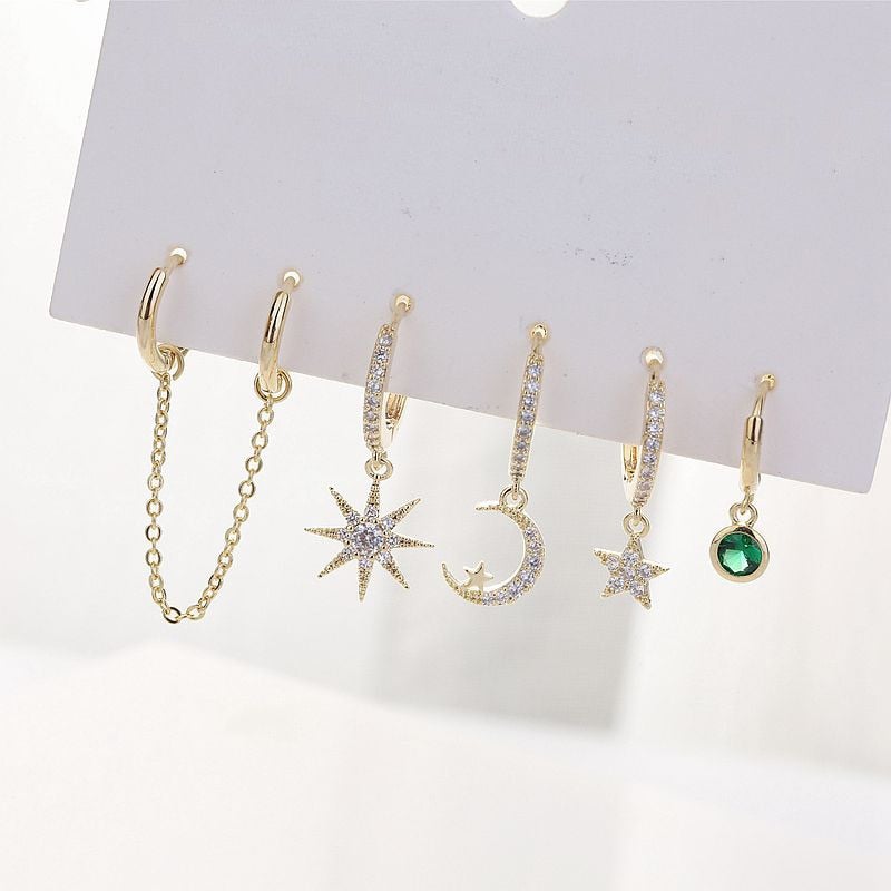 Crystal Moon & Star Hoop Earrings Set
