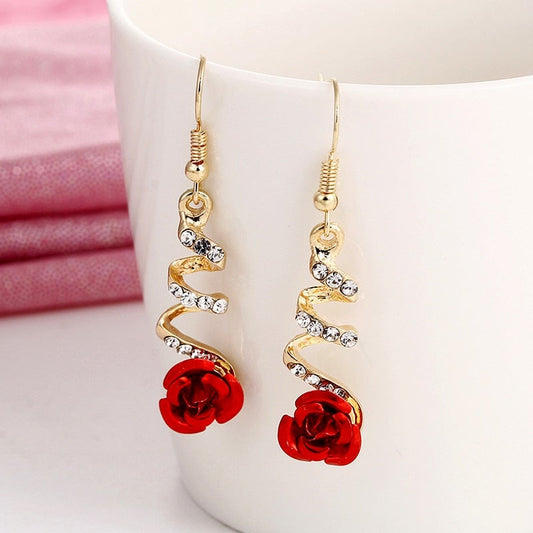 Crystal Red Rose Drop Earrings