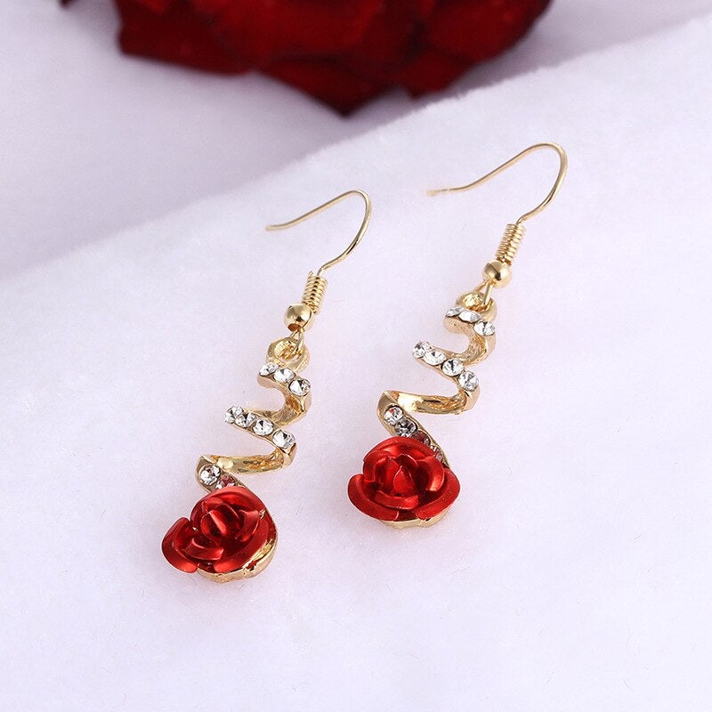 Crystal Red Rose Drop Earrings