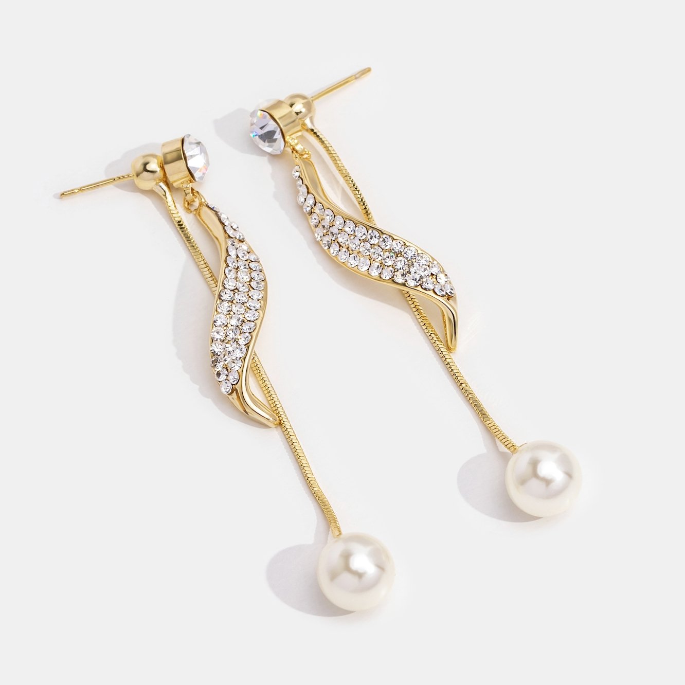 Crystal Wave Pearl Drop Earrings