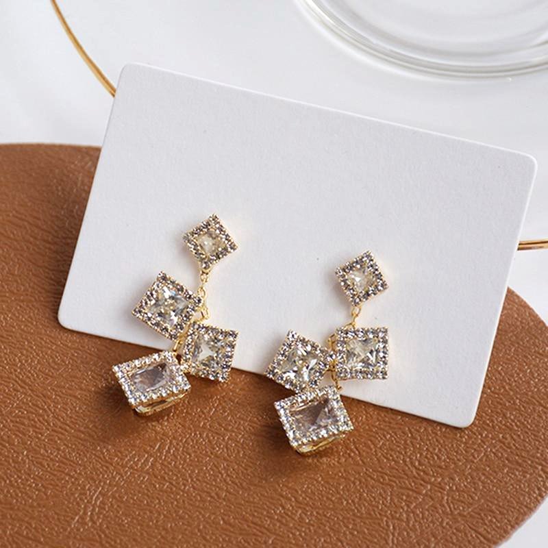 Gold Crystal Square Earrings