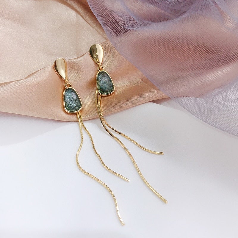 Gold & Green Tassel Drop Earrings