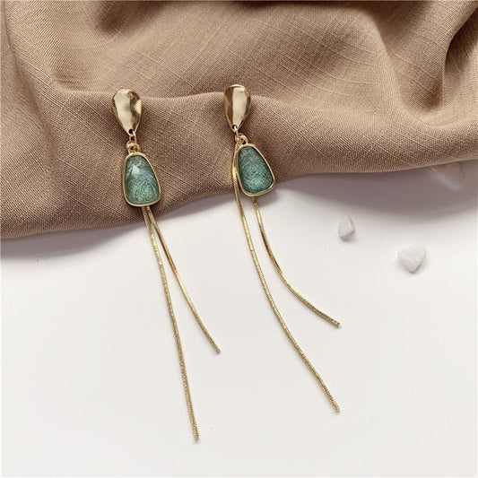 Gold & Green Tassel Drop Earrings