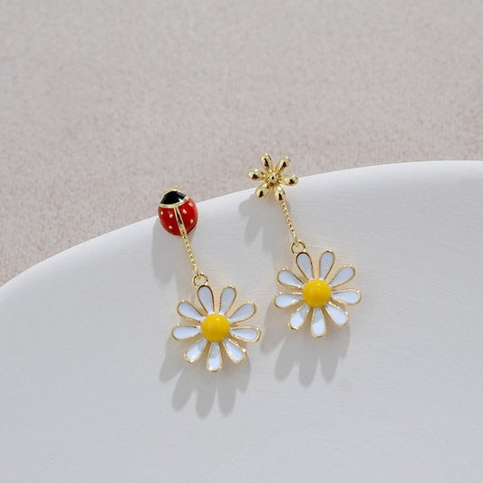 Ladybug Flower Drop Earrings