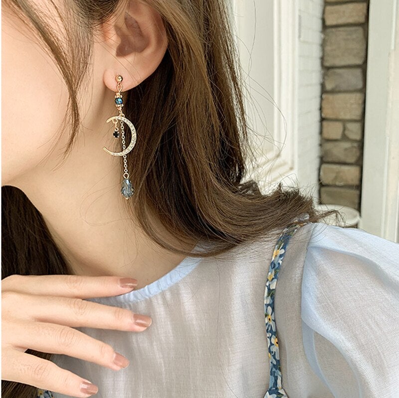 Moon & Crystal Drop Earrings