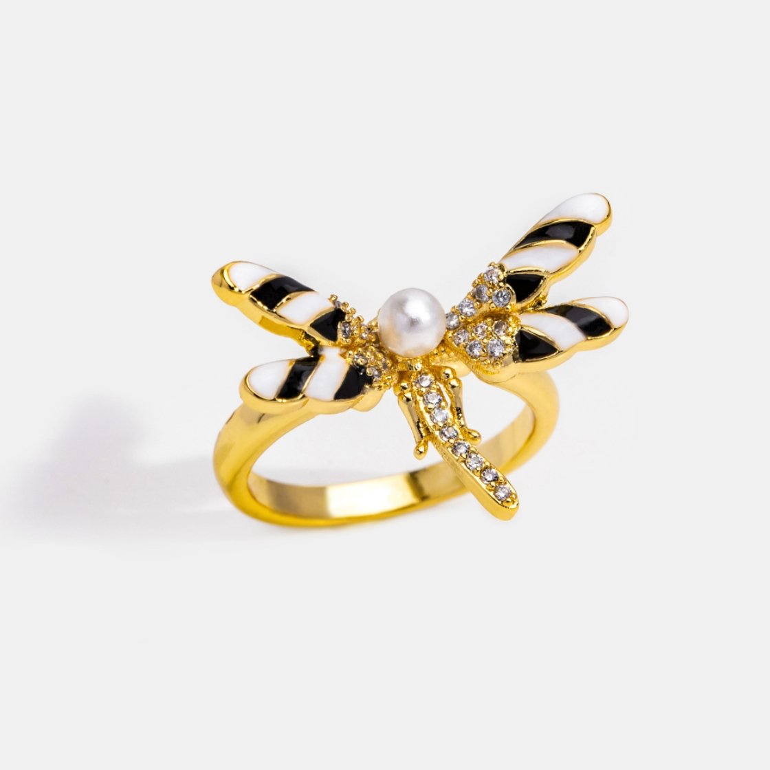 Pearl & Crystal Black Dragonfly Ring