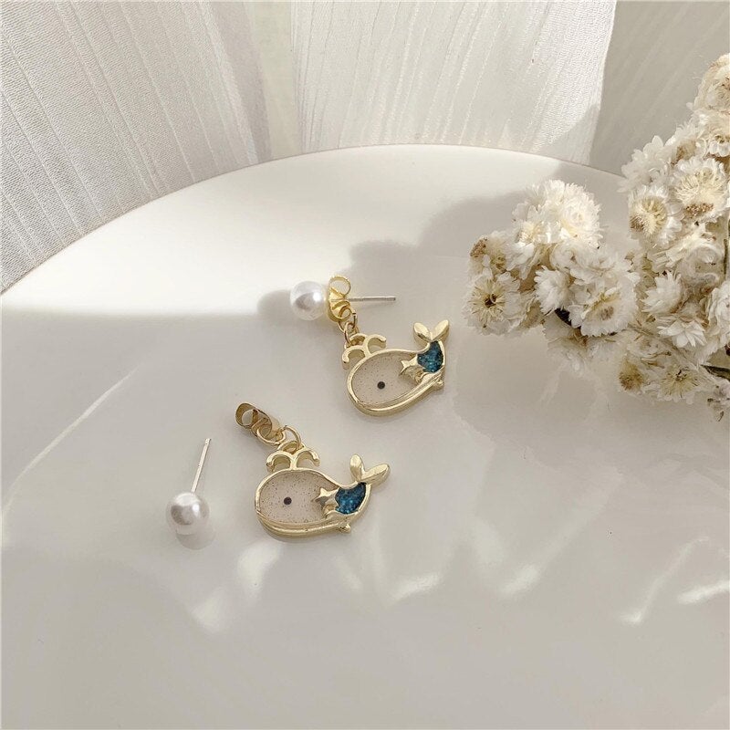 Pearl & Whale Drop Earrings