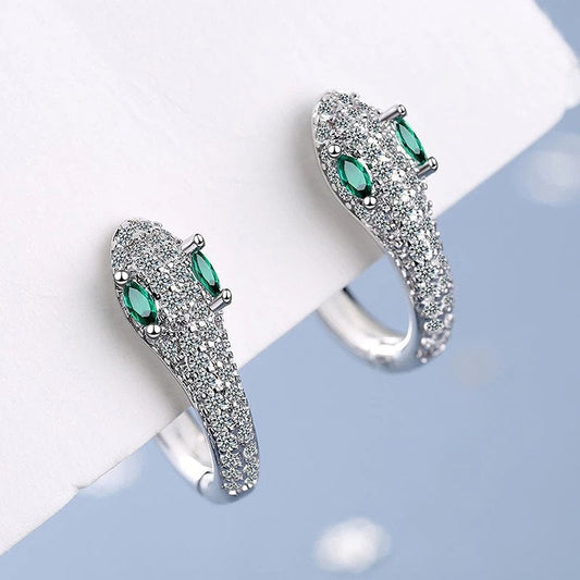 Silver Green Eye Snake Earrings