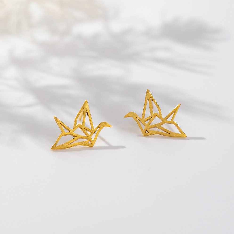 Wild Origami Crane Gold Earrings